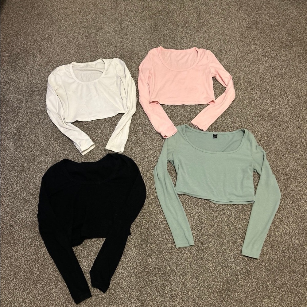 SHEIN Long-Sleeve Scoop Neck Cropped Top Set - Pink, White, Black, Sage